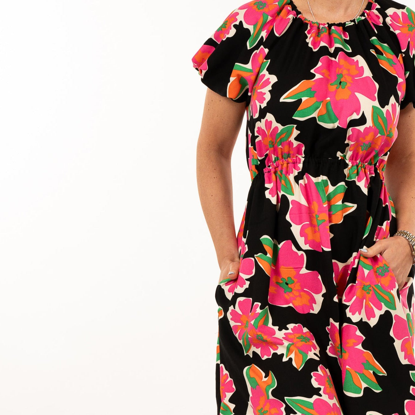 The Freya Short Dress - Black & cerise flowers